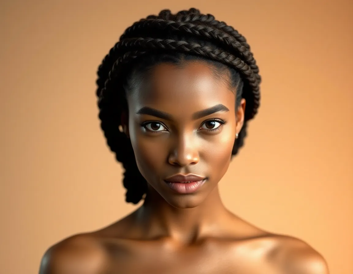 In this elegantly crafted studio portrait, a model showcases an intricate braided hairstyle that draws the viewer's attention with its depth and detail. The warm tones and creamy highlights create a soft, inviting atmosphere, enhanced by the three-point lighting that gently illuminates her features. Her expression exudes confidence and grace, while the symmetrical composition reinforces the beauty of her hairstyle. The texture of her skin adds to the image's authenticity, capturing the essence of fashion and beauty.