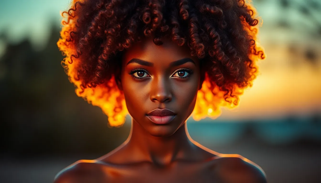 This stunning image features a model with a vibrant Afro hairstyle, beautifully illuminated by golden hour backlighting. The warm light creates a glowing rim around her curls, enhancing their texture and vibrancy. With a shallow depth of field, the background blurs into soft pastels while the cinematic color grading emphasizes the model's rich skin tones. Centered in the frame, her confident gaze invites viewers into the scene, exuding beauty and strength.