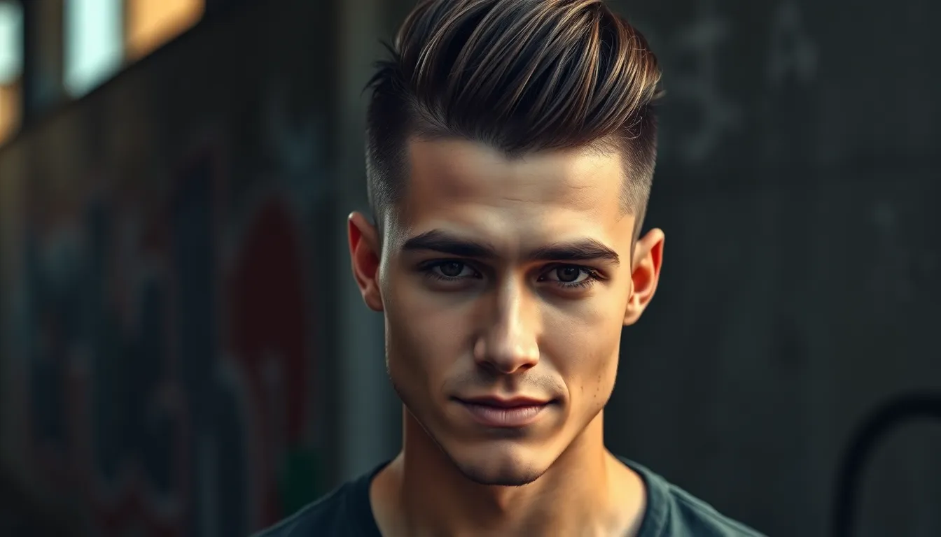 This dynamic portrait showcases a young man with a stylish undercut hairstyle, illuminated by dramatic side lighting that accentuates the texture and contrast of his hair. Set against an urban backdrop of vibrant graffiti, the warm tones evoke a bold and contemporary vibe. The confident expression adds personality to the composition, making it an ideal representation of modern men's hairstyles in fashion.