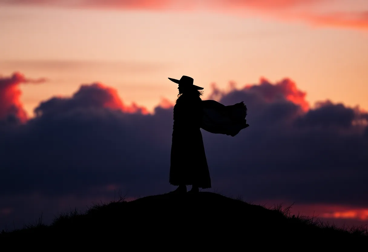 This dramatic image of a lone witch standing on a hill captures the magic of Halloween at dusk. Silhouetted against a stunning sky, the witch's figure is framed by the last rays of sunlight, creating a mystical atmosphere. Deep reds and purples enhance the mood of mystery and solitude. This visually compelling composition is perfect for capturing the essence of Halloween lore.
