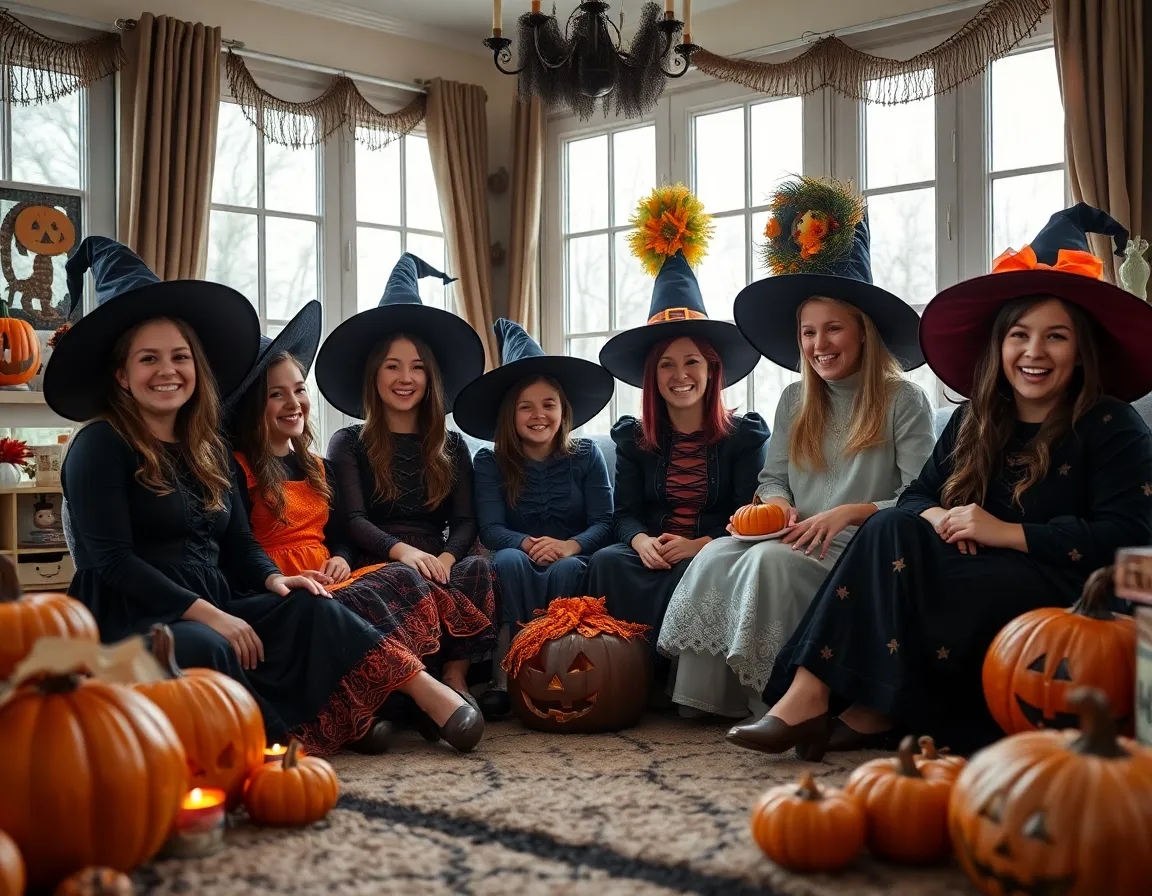 A warm and inviting scene of a family dressed as whimsical witches in a cozy living room adorned with Halloween decorations. Captured in overcast daylight, the soft light highlights the rich textures of their costumes and the room's decor. With sharp focus throughout, the image conveys a joyful Halloween spirit with a palette of warm muted colors and vibrant orange accents. The centered composition enhances the sense of togetherness and festivity.