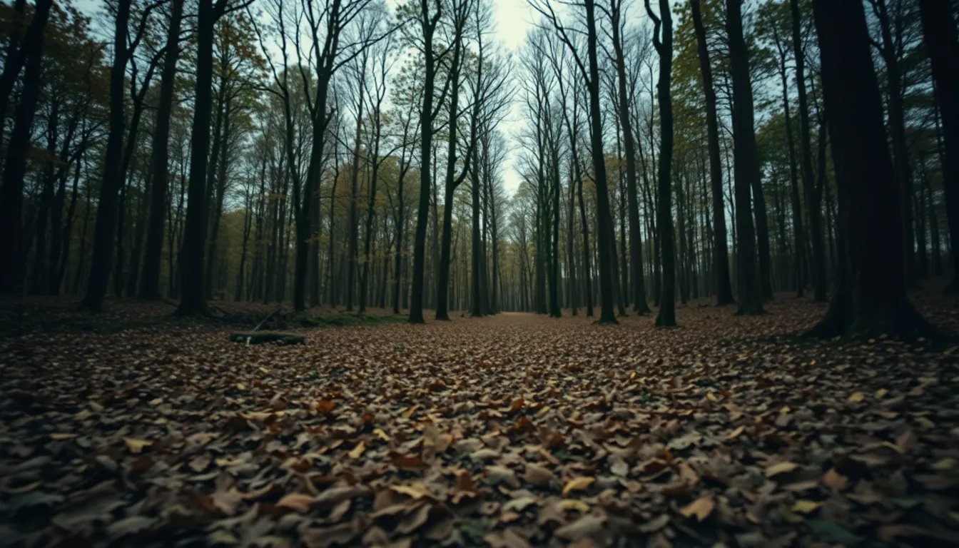An eerie wooden pathway meanders through a dense forest, adorned with fallen autumn leaves that crunch underfoot. The overcast sky diffuses the daylight, casting soft shadows and creating a hauntingly serene atmosphere. This landscape captures the essence of Halloween, with muted tones enhancing the sense of mystery. Leading lines formed by the trees draw the viewer deeper into the scene, inviting exploration amidst nature's allure.