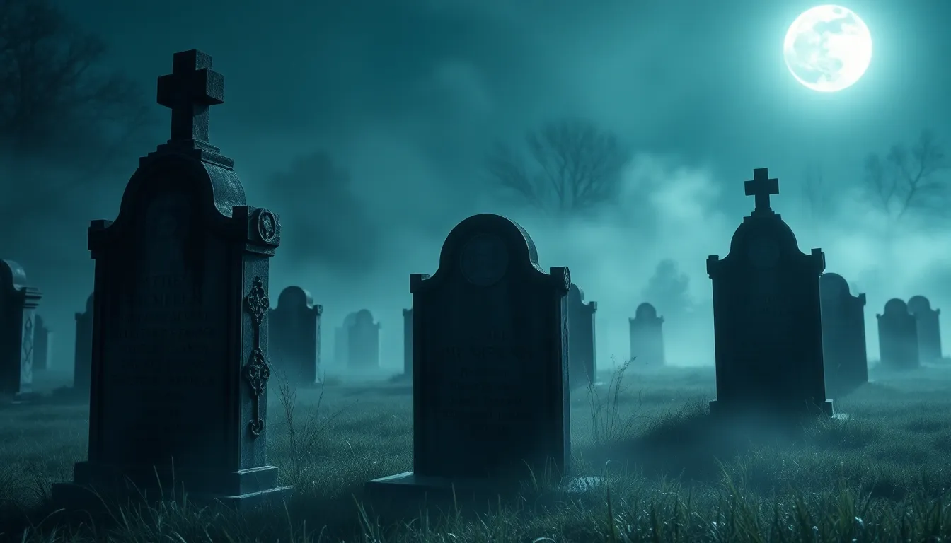 This haunting Halloween scene captures a foggy graveyard illuminated by a full moon. Ancient gravestones with intricate carvings emerge from the mist, surrounded by soft, glistening grass. The cool blue tones create an otherworldly atmosphere. The composition draws the eye through the shadows, evoking feelings of mystery and intrigue. Perfect for Halloween-themed projects.