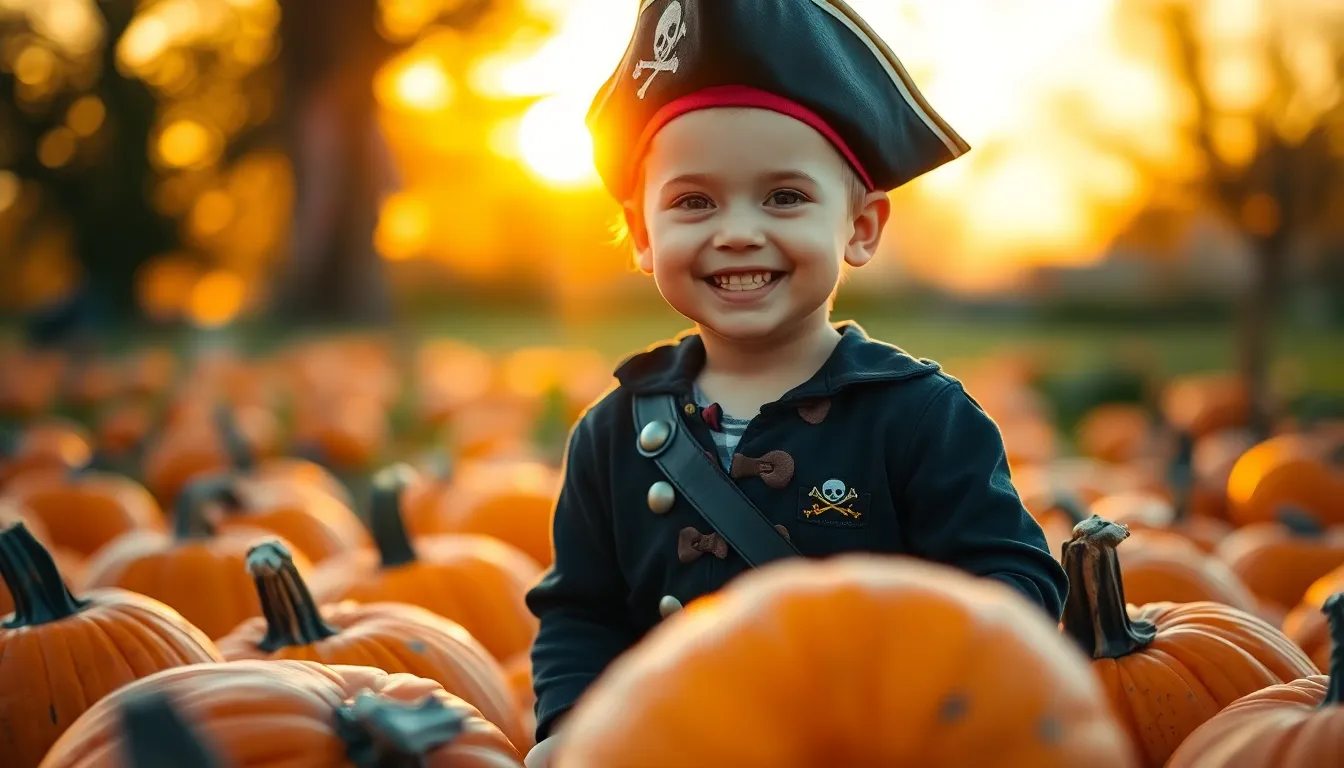 This charming image showcases a young child dressed as a pirate in a pumpkin patch during golden hour. The warm sunlight illuminates the scene, casting soft shadows and highlighting the pumpkins' textures. The child’s expression radiates joy and adventure, adding to the festive Halloween atmosphere. The warm autumn colors create a nostalgic and inviting mood.