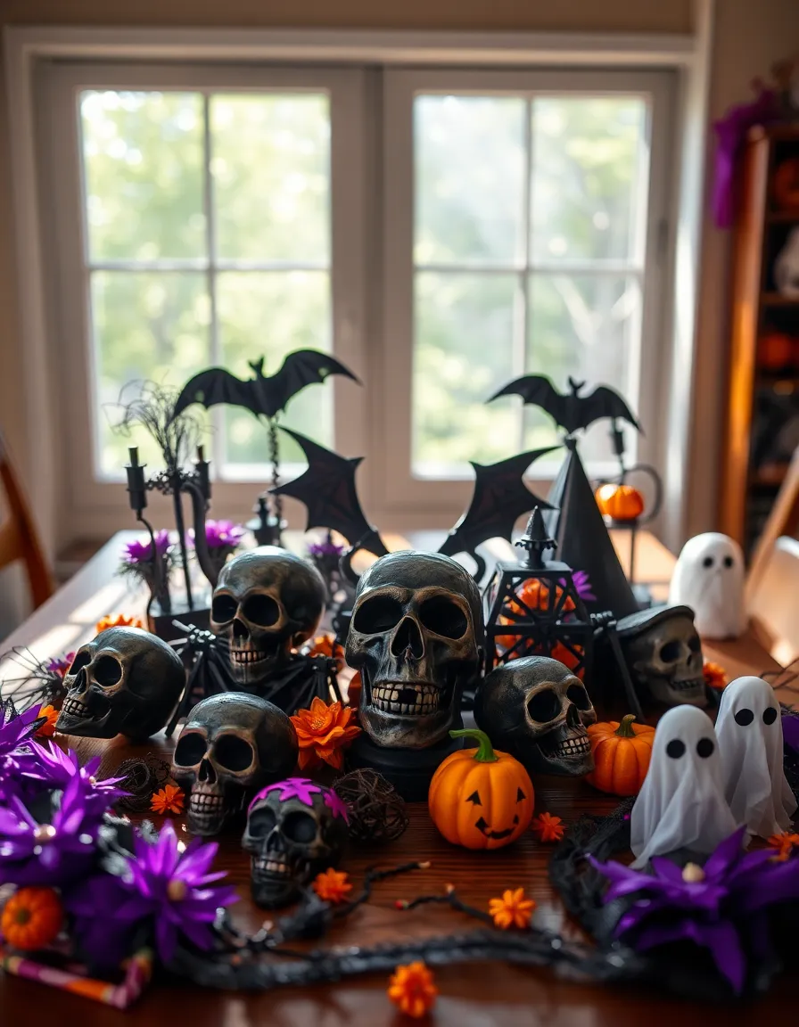 An artistic arrangement of Halloween-themed decorations captured on a rustic wooden table. Natural light filters through a window, casting soft patterns on the decorations, which include ornate skulls and playful ghost figurines. The vibrant colors of black, purple, and orange create a visually striking combination that embodies the spirit of Halloween. The circular composition invites the viewer's gaze to explore each detail, making it a festive and inviting scene for the holiday.