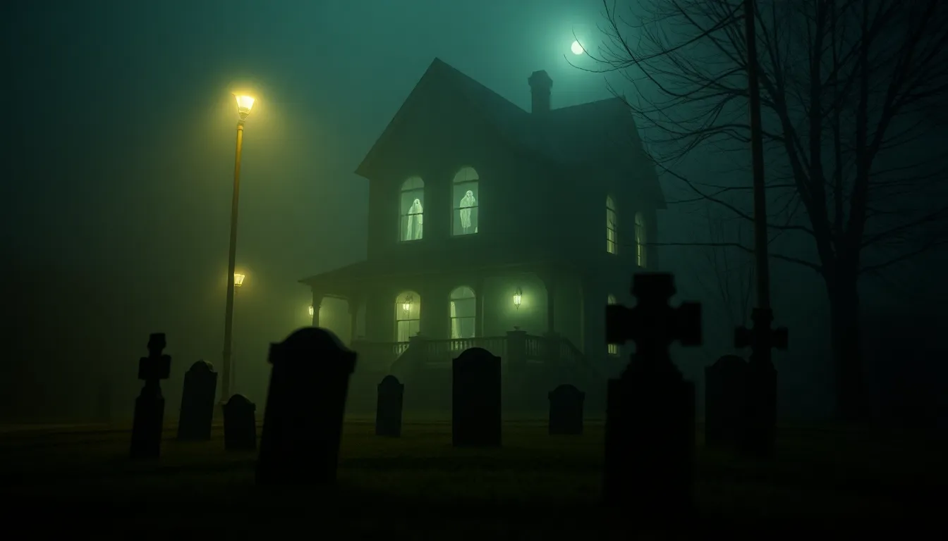 A chilling depiction of a haunted house set against a foggy Halloween night. Illuminated windows suggest ghostly figures inside, while soft lighting from streetlamps and moonlight enhance the eerie atmosphere. Captured with hyperfocal distance for sharp focus throughout, from gravestones in the foreground to the eerie house, the desaturated color palette of muted greens and grays adds to the haunting mood. The Dutch angle composition injects dynamic tension, inviting viewers to explore the supernatural tale.