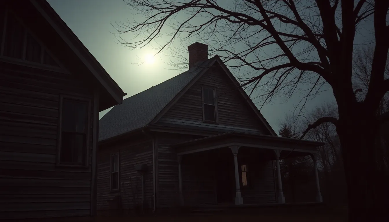 An eerie haunted house looms under the soft glow of a full moon, casting silver light on its aged wood. A ghostly figure is discernible in the window, adding to the haunting atmosphere. The desaturated earth tones create a chilling mood, while the composition draws the eye towards the house, framed by a barren tree. This scene encapsulates the essence of Halloween night.