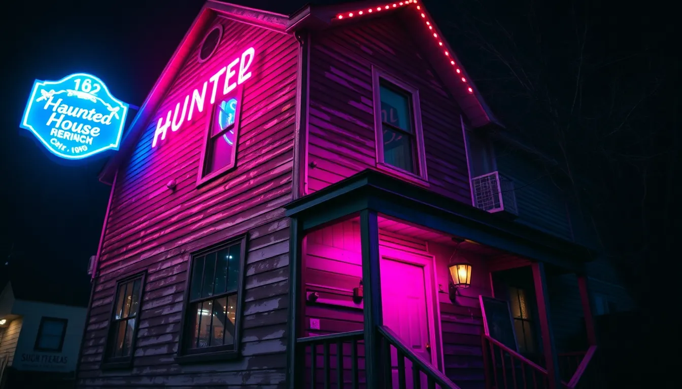 A hauntingly beautiful image of an eerie haunted house bathed in vibrant neon lights creates a chilling atmosphere perfect for Halloween. With blue and magenta reflections illuminating the weathered wooden facade, the scene comes alive against the night sky. The selective depth of field keeps the house in sharp focus while softly blurring the surroundings. This composition conveys a sense of mystery and allure, enhanced by the textures of the wooden surface, inviting viewers to explore the haunting scenery.