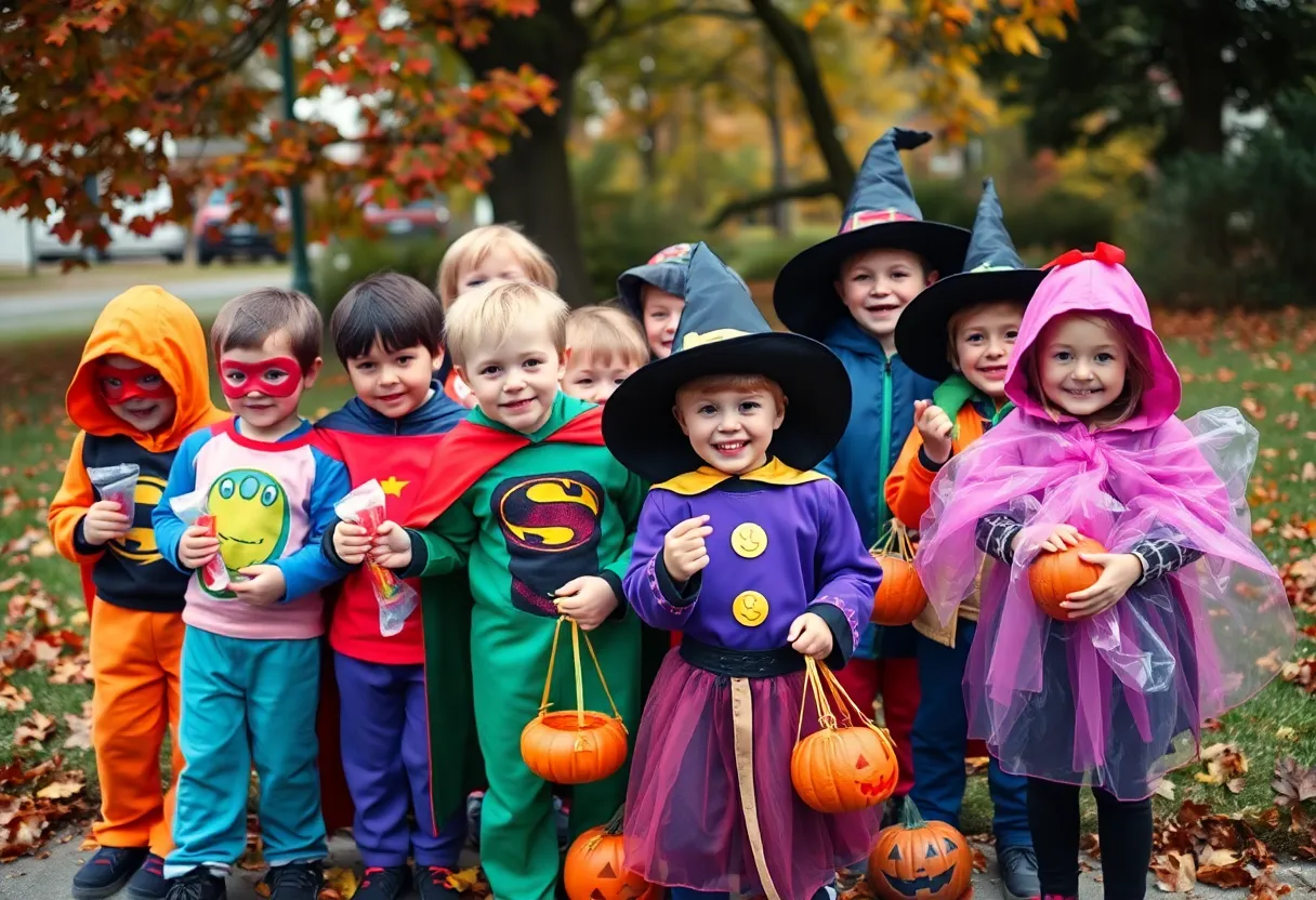 A lively autumn scene of children dressed in colorful Halloween costumes joyfully collecting candy while trick-or-treating. The overcast daylight envelops the scene, highlighting the vibrant colors of the costumes against a backdrop of fallen leaves. Sharp detail captures the joy on their faces, revealing a delightful range of character costumes. This image encapsulates the excitement and fun of Halloween night, making it perfect for holiday-themed promotions.