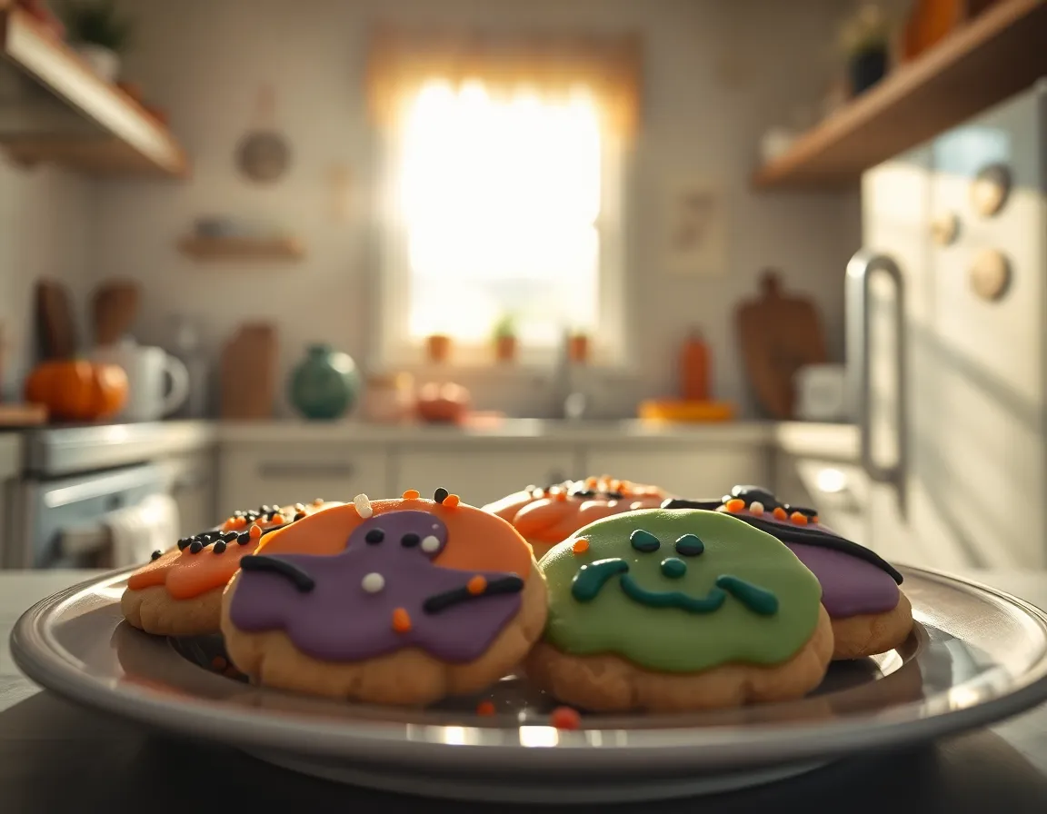 This delightful image presents a plate of beautifully decorated Halloween cookies bathed in warm sunlight in a cozy kitchen setting. The pastel colors of the cookies evoke a festive mood, with intricate designs that invite closer inspection. The soft bokeh background highlights the culinary artistry, making it a perfect representation of seasonal baking and celebration.