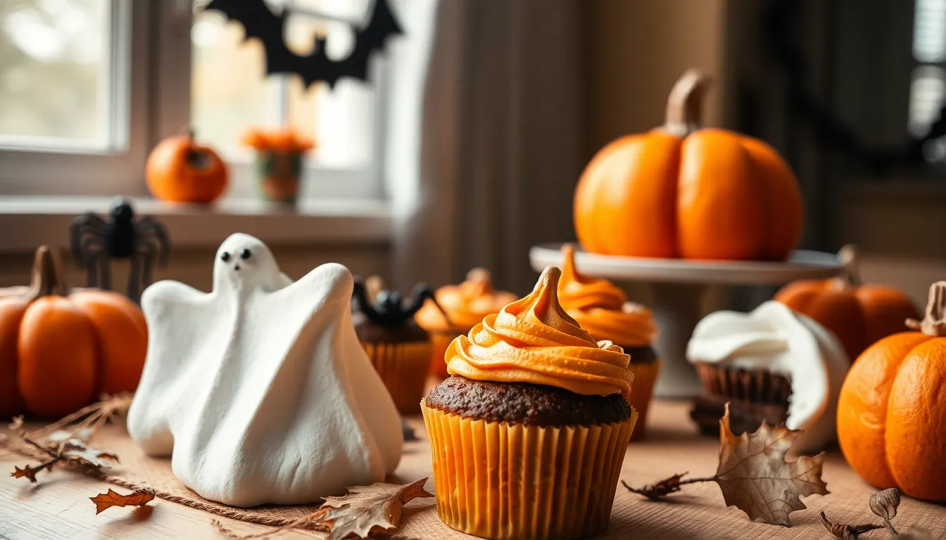 Spooky Halloween Dessert Table This mouthwatering image showcases a Halloween-themed dessert table, beautifully arranged with an array of spooky treats. Soft, natural light enhances the vibrant colors of ghost-shaped meringues and pumpkin cupcakes, while the composition draws the eye towards the centerpiece. The overall aesthetic balances warm tones and a hint of eeriness, making it a perfect representation of Halloween festivities.