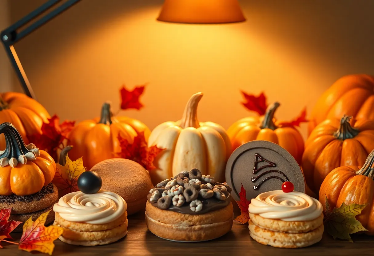 A mesmerizing close-up of a Halloween-themed dessert table presents an array of intricately designed pastries, pumpkins, and autumn leaves. Warm lighting from a tungsten lamp enhances the delightful colors and textures, creating an inviting atmosphere. This visually stunning composition captures the essence of Halloween festivities, showcasing both creativity and culinary art. The shallow depth of field accentuates the details of the desserts, making them the focal point of this delicious display.