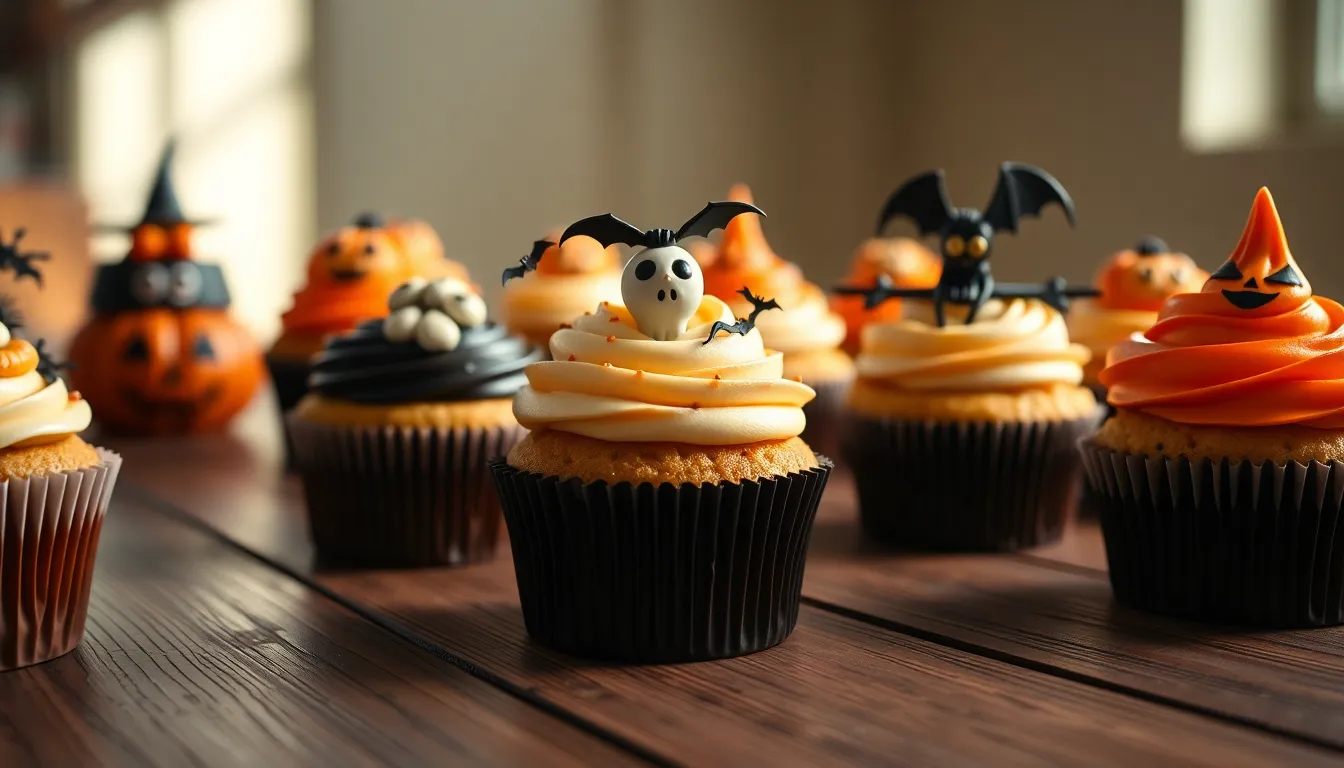 A vibrant array of Halloween-themed cupcakes is beautifully displayed on a rustic wooden table, each topped with festive decorations. The natural light highlights the rich colors and textures of the cupcakes, creating an inviting scene. The shallow depth of field emphasizes the centerpiece while blurring the background, focusing the viewer’s attention. The warm Kodak Portra-inspired color palette adds a delightful and festive atmosphere perfect for Halloween festivities.