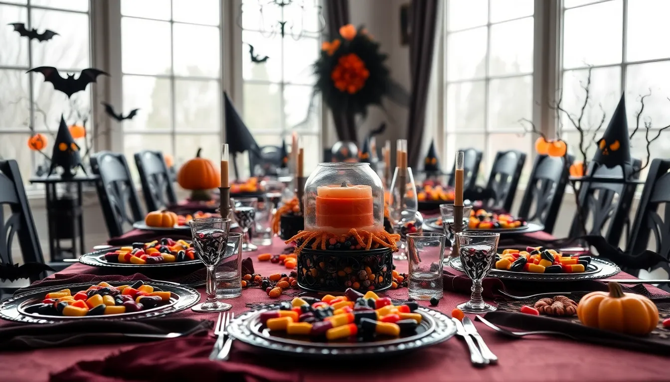 This vibrant image features an intricately arranged Halloween-themed table setting adorned with spooky decorations and colorful candies. The overcast daylight beautifully illuminates the scene, enhancing the festive colors and textures of the fabric and glass elements. The leading lines of the table guide the viewer's gaze to the centerpiece, creating an inviting and celebratory mood. This setting perfectly captures the spirit of Halloween gatherings.