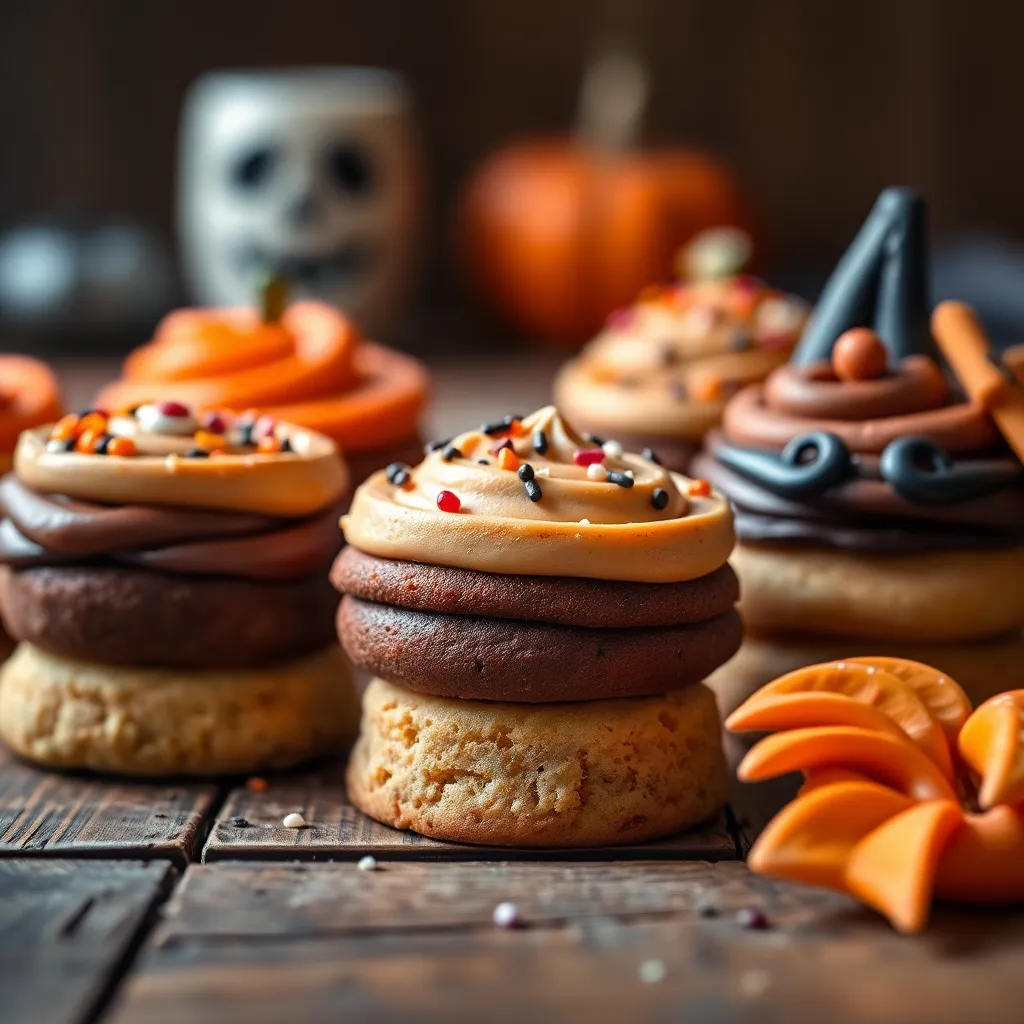 An enticing close-up of Halloween-themed desserts beautifully arranged on a rustic wooden table invites viewers to indulge in seasonal treats. Soft, diffused overcast daylight enhances the rich colors of the desserts, showcasing vibrant oranges and deep browns. The shallow depth of field adds focus to the intricate details of the icing and sprinkles while creating a dreamy background. This image captures the festive spirit of Halloween through its delicious presentation and mouth-watering textures.