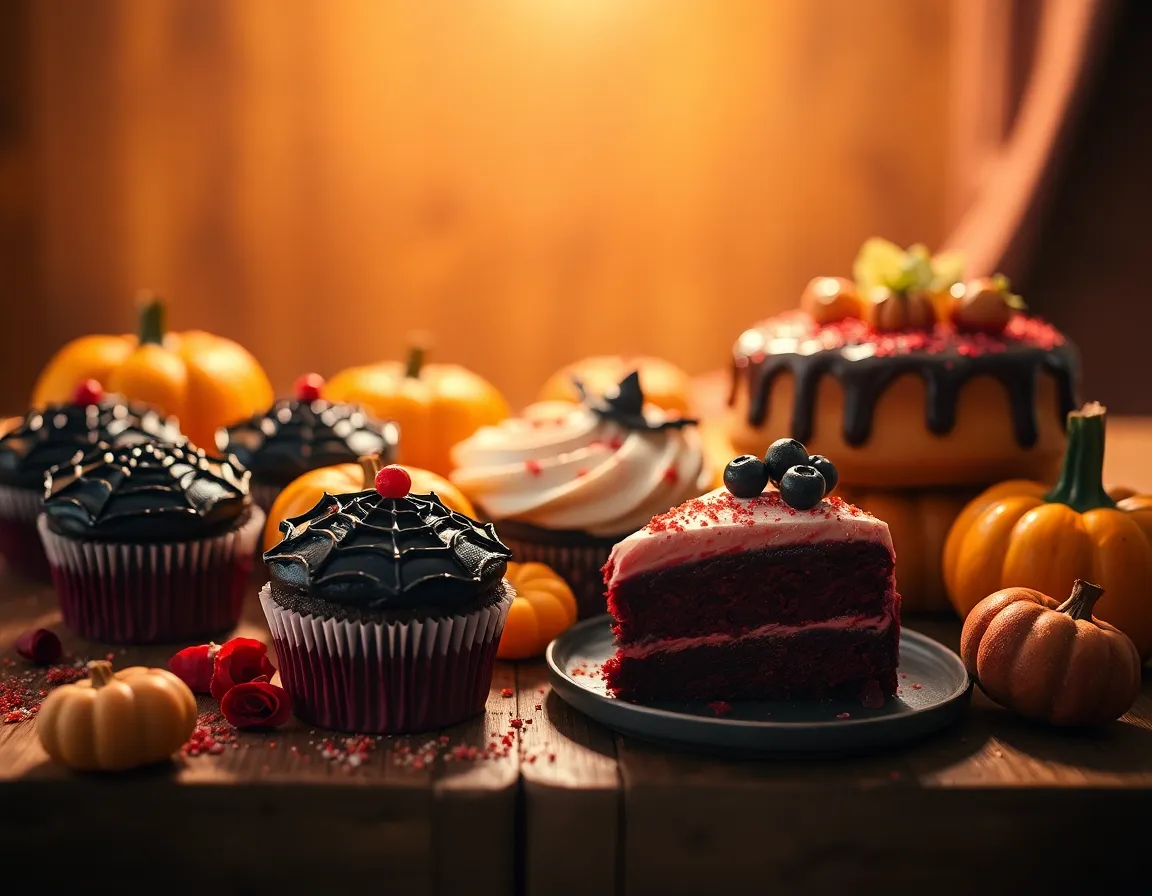 This image captures an exquisite Halloween-themed dessert spread, featuring intricate decorations and mouth-watering treats. Warm overhead lighting enhances the rich colors and textures of the sweets, creating a festive atmosphere. The creamy bokeh effect isolates the desserts, pulling the viewer's attention to the delightful details of each creation. The warm orange and deep red color palette embodies the spirit of Halloween, making this image perfect for culinary promotions or holiday parties.