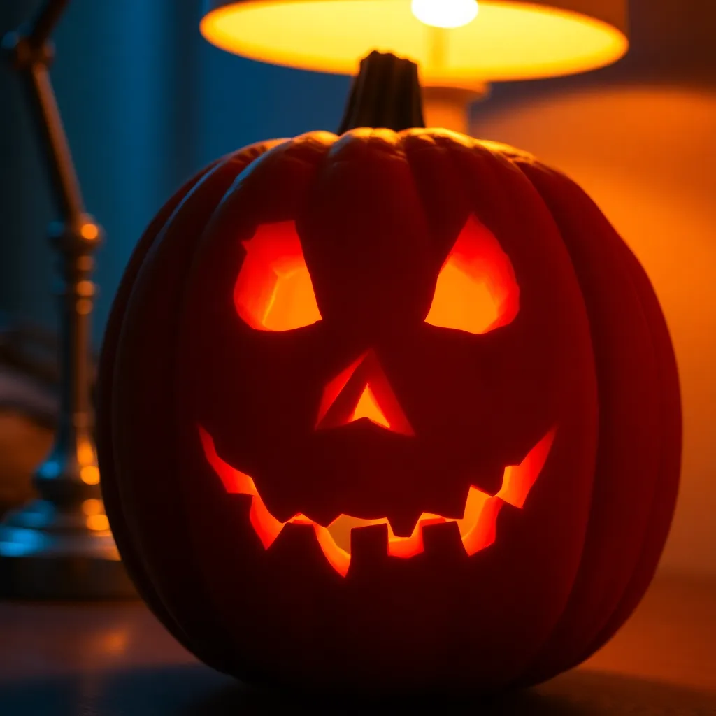A stunning close-up of a pumpkin lantern, expertly carved with a spooky face, glowing from within a warm pool of light cast by a tungsten desk lamp. The image showcases the intricate details of the carving, with deep blues and rich oranges enhancing the vibrant colors. The soft bokeh in the background draws the viewer’s focus to the intricacies of the pumpkin, creating a perfect Halloween ambiance.