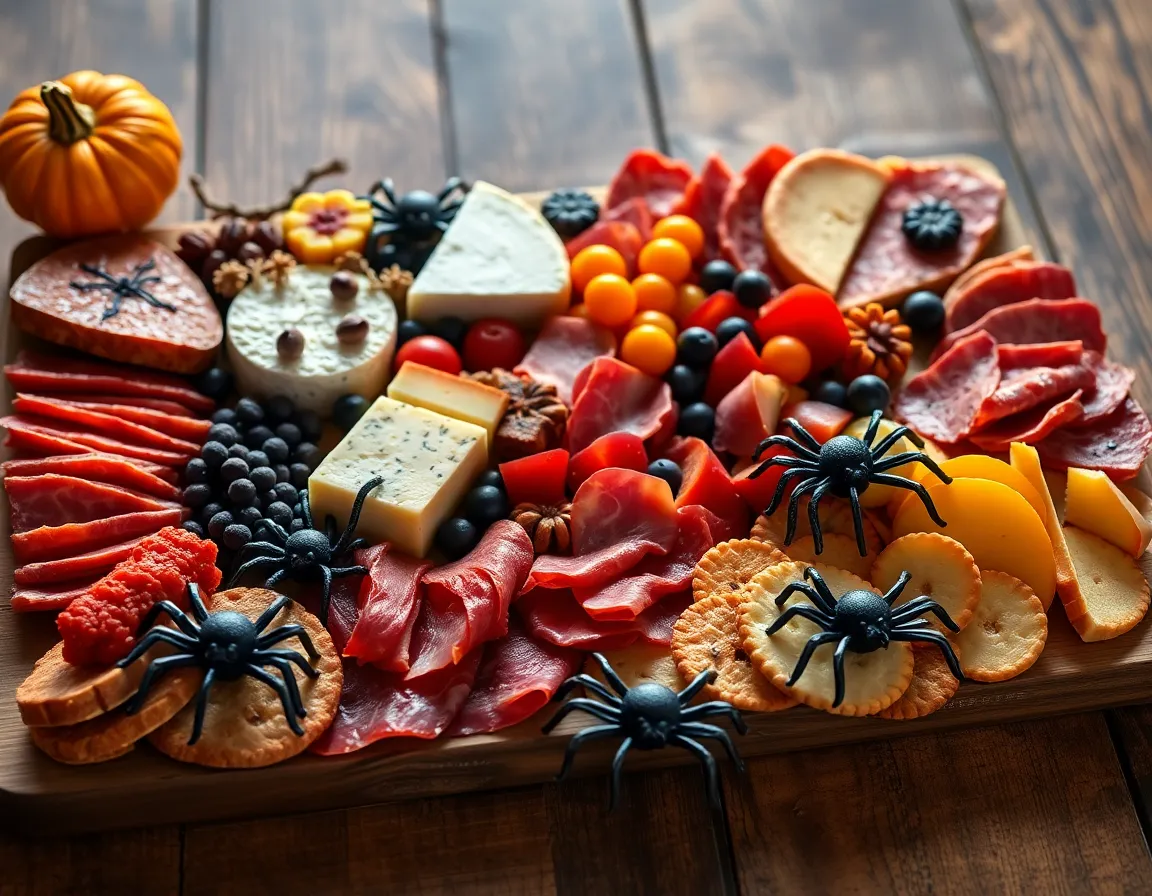 Halloween-Themed Charcuterie Board This delectable image showcases a Halloween-themed charcuterie board, featuring an array of cheeses, cured meats, and seasonal fruits, all beautifully arranged. The warm rim light accentuates the textures, while the playful spider-shaped crackers add a festive touch. Deep reds, rich blacks, and vibrant oranges create an inviting atmosphere, complemented by the rustic wooden background that further enhances the seasonal theme.
