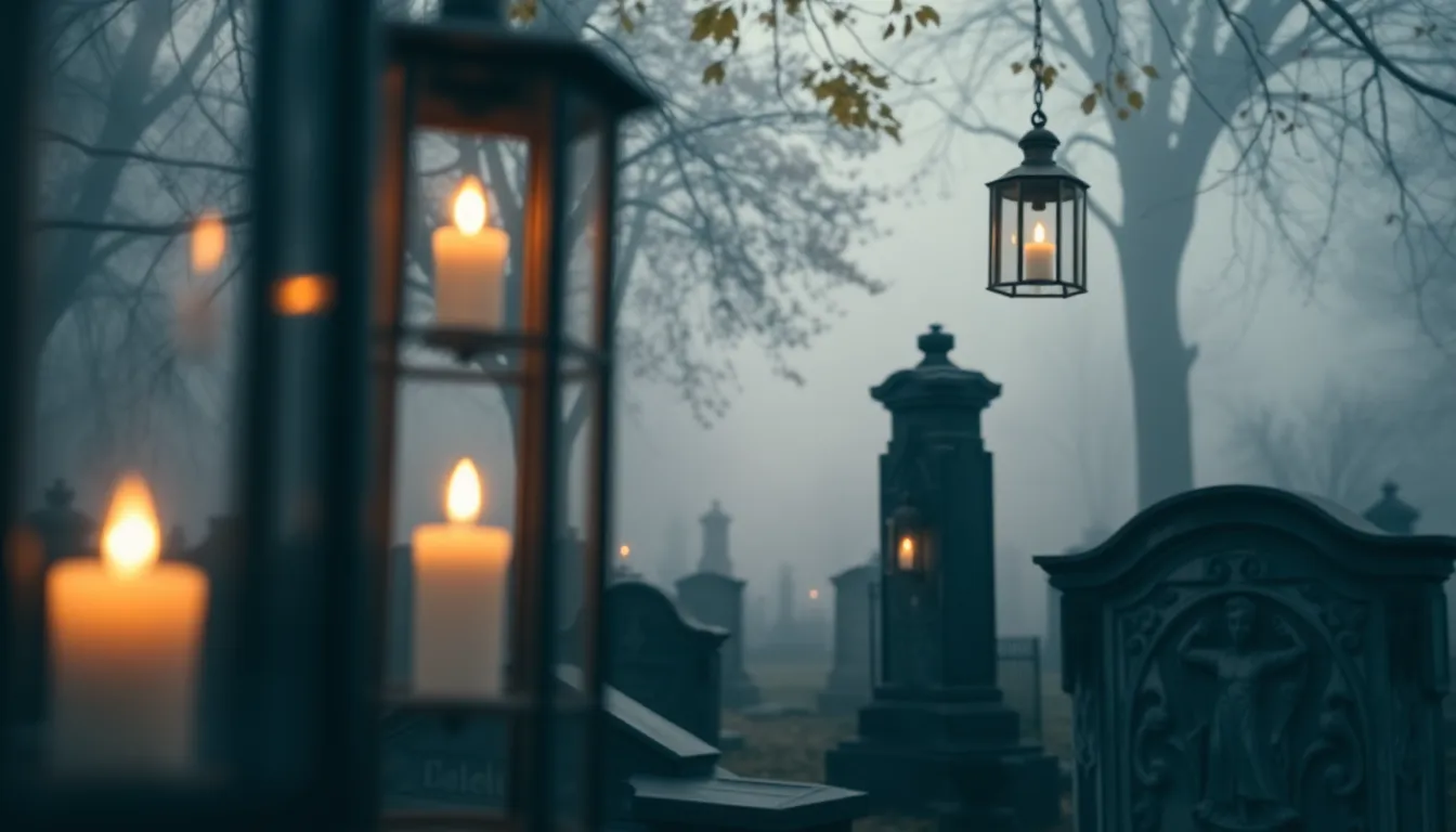 This hauntingly beautiful image captures a tranquil graveyard scene on Halloween Eve, with flickering lanterns illuminating aged tombstones amid a backdrop of swirling fog. The soft overcast light gives the scene a serene yet eerie atmosphere, while the intricate stone details invite exploration. Foreground lanterns create depth, enhancing the overall composition and mood of quiet reflection on this spooky night.