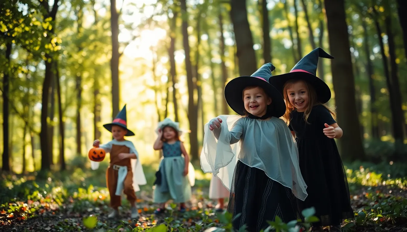 Children Playing in Halloween Costumes in the Forest