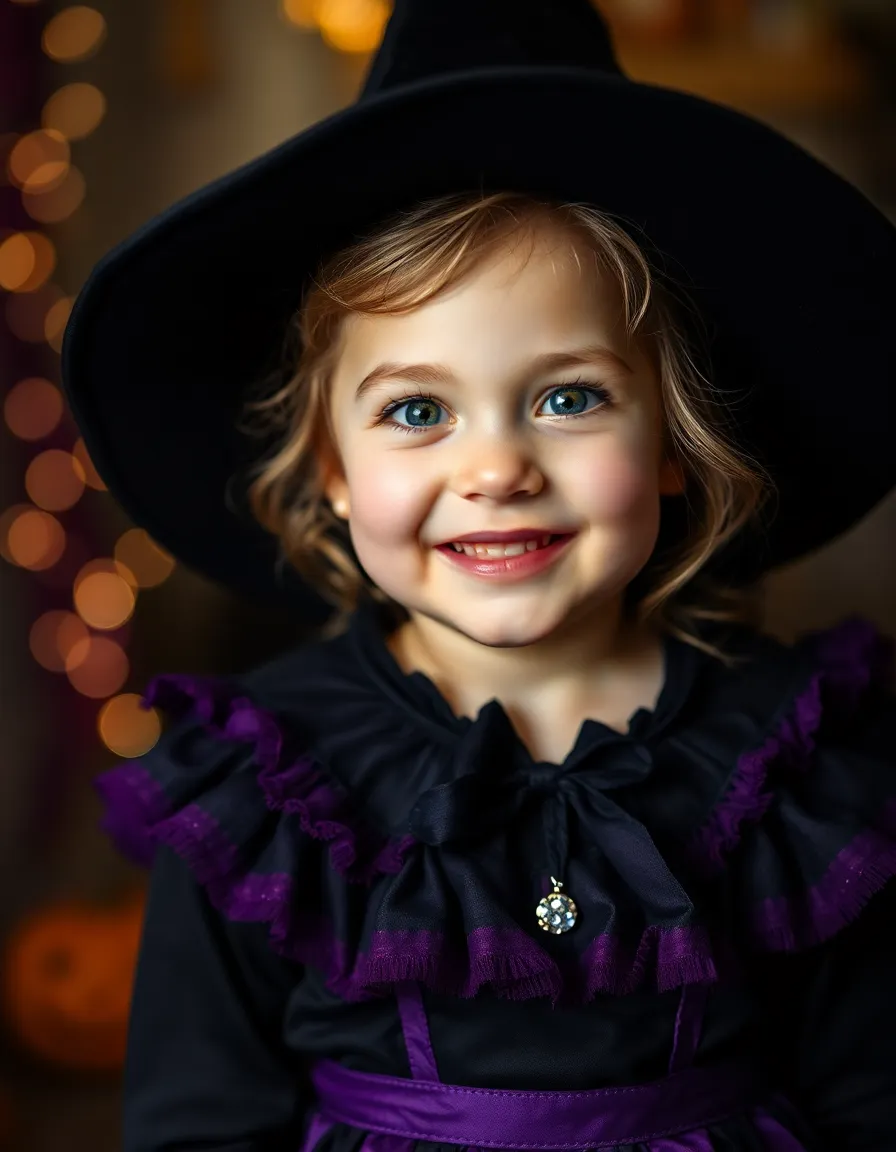 This delightful image features a child dressed as a witch, showcasing their playful grin and twinkling eyes. Captured with careful attention to detail, the vibrant colors of the costume stand out magnificently against a soft, blurred background. The butterfly lighting enhances the child's joyful expression while creating a whimsical atmosphere. This enchanting portrait captures the essence of Halloween fun, making it perfect for holiday-themed projects.