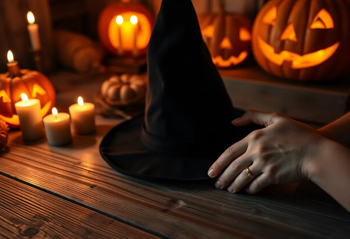 A creatively tilted view of a witch’s hat resting on a textured wooden table, illuminated by the flickering candles and glowing jack-o'-lanterns around it. This dynamic composition creates a sense of eerie tension, while the muted colors evoke the Halloween spirit. The warm shadows cast across the table add depth, beautifully showcasing the natural grain of the wood. The meticulous details capture the essence of a spooky Halloween night.