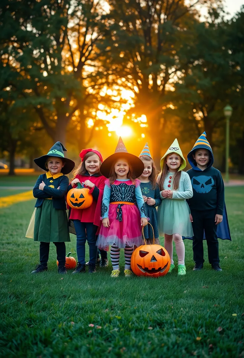 A joyful gathering of children dressed in colorful Halloween costumes, posed together in a sunlit park during golden hour. The warm backlighting accentuates their costumes, creating a vibrant and enchanting atmosphere. The focus on their happy expressions, surrounded by soft, blurred natural elements, captures the excitement and spirit of Halloween celebrations.