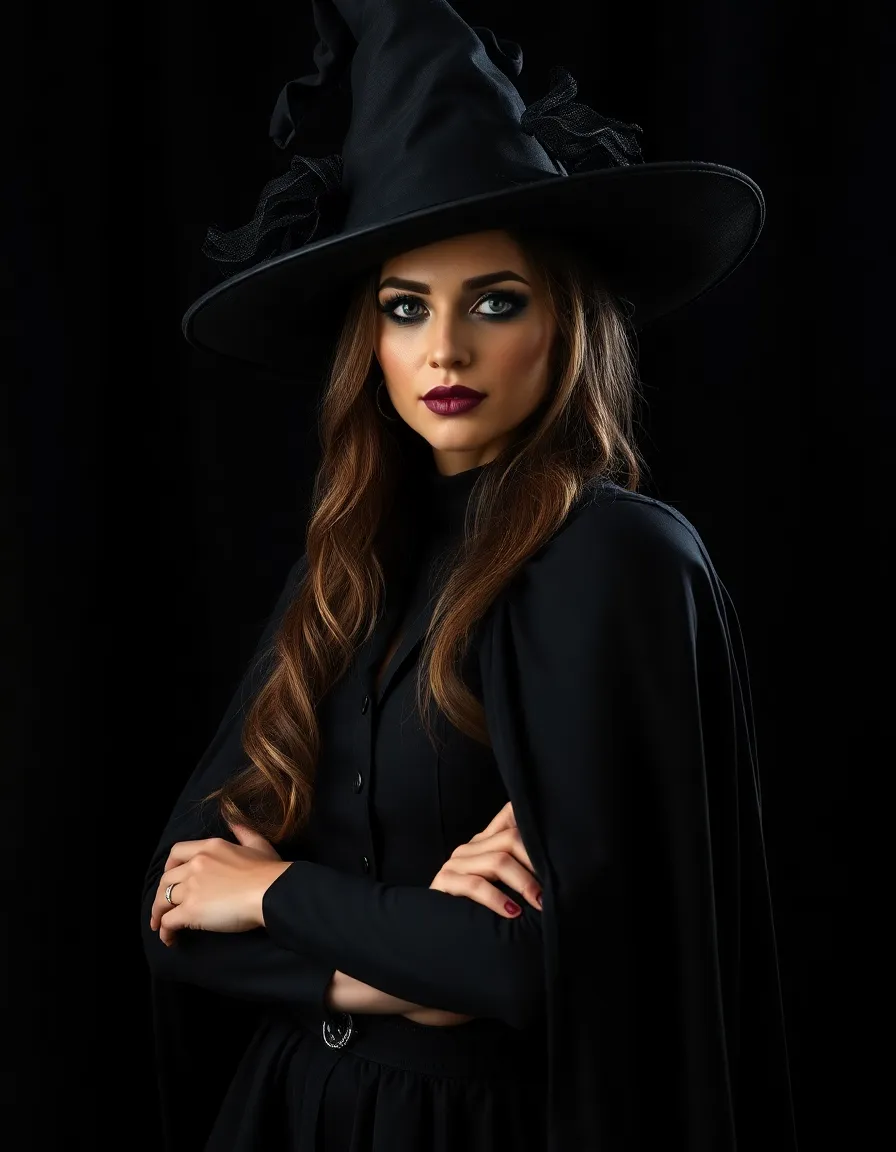 This striking portrait features a woman wearing a beautifully crafted witch costume, complete with a flowing black cape and detailed hat, captured in a studio setting. Her mysterious expression and dramatic makeup create an enchanting Halloween vibe. The softbox lighting accentuates the textures of her outfit and adds depth to the shadows. The dark velvet background complements her attire, enhancing the overall elegance of the image.