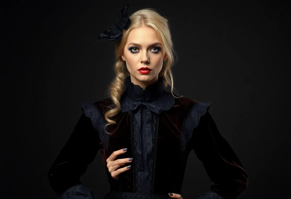 Vintage Halloween Costume Portrait This striking portrait captures a model in a vintage Halloween costume, bathed in soft light from a three-point studio setup. The rich textures of velvet and lace are highlighted, exuding elegance while maintaining a spooky charm. The warm tones and creamy highlights from the Kodak Portra 400 palette enhance the model's natural beauty, while a dark backdrop ensures the intricate details of the costume remain the focal point.