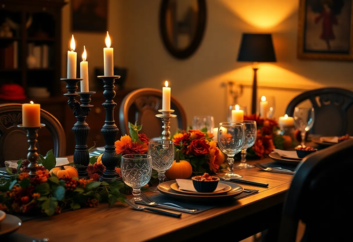 Elegant Halloween Tablescape Arrangement This stunning image features an elegant Halloween tablescape adorned with ornate candle holders and autumnal foliage, creating a warm and inviting atmosphere. The soft, directional light from a tungsten lamp highlights the intricate details of the vintage glassware and table decor. Rich oranges and deep greens enhance the seasonal vibe, while the shallow depth of field draws attention to the exquisite arrangement.