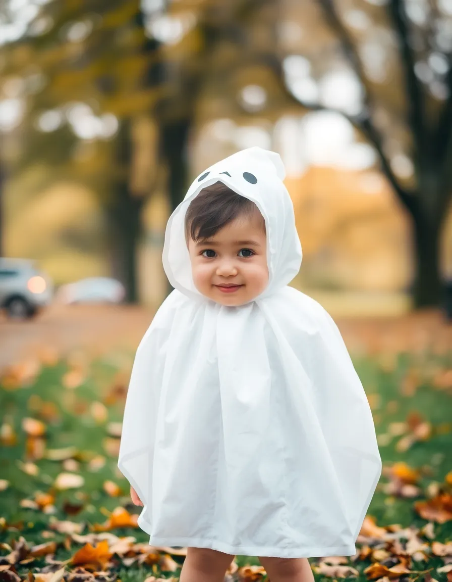 Child in a Playful Ghost Costume This charming image features a child dressed in a ghost costume, illuminated by soft, diffused daylight filtering through a canopy of trees. The playful expression adds to the whimsical nature of Halloween. A pastel color palette enhances the gentle, lighthearted mood, while selective focus draws attention to the child, creating a dreamy effect against the blurred, autumnal background.