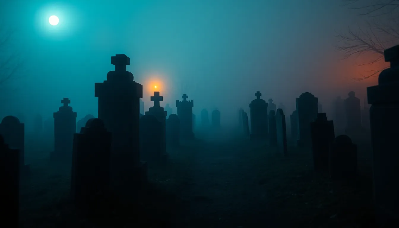 A haunting graveyard shrouded in fog captures the essence of Halloween. Weathered tombstones emerge from the mist, illuminated by the soft glow of moonlight. This atmospheric scene is both chilling and intriguing, inviting viewers into a world of spooky tales. The use of leading lines draws the eye into the depths of the graveyard, while details of moss and stone textures further enhance the eerie mood.