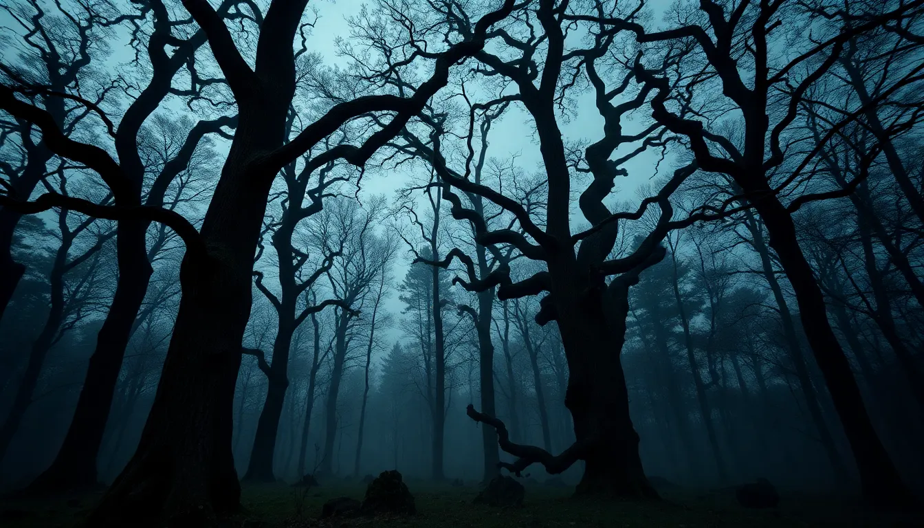 An atmospheric shot of a haunted forest shrouded in mist at dusk, with gnarled trees reaching ominously towards the overcast sky. The muted greens and browns blend seamlessly with the mist, creating a mysterious and eerie feel. The sharp focus throughout invites viewers to explore the depths of the forest, capturing the essence of Halloween suspense and intrigue.