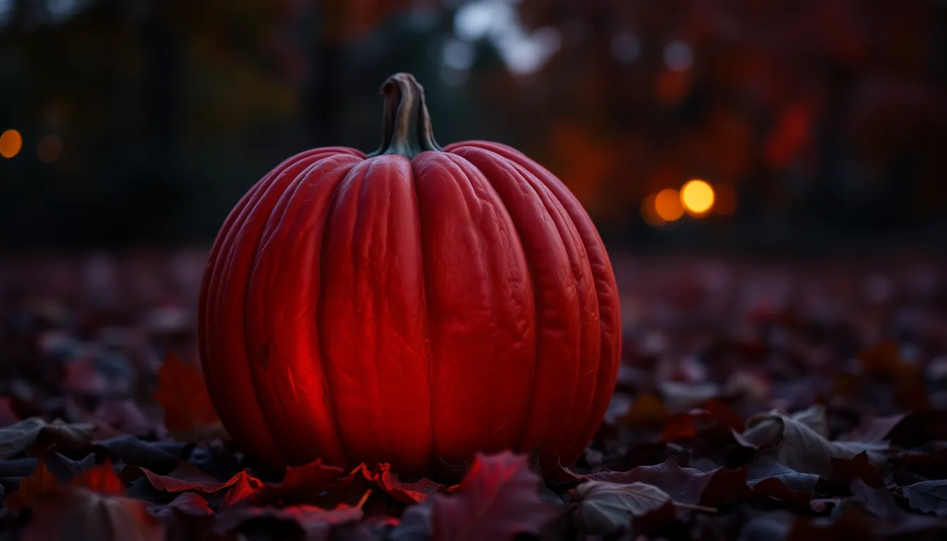 A beautifully lit carved pumpkin glowing softly during twilight, surrounded by scattered autumn leaves. The warm orange and deep purple hues create a cozy Halloween ambiance. The shallow depth of field emphasizes the pumpkin's textured skin while the background melts into a gentle bokeh. This enchanting scene captures the essence of fall celebrations.