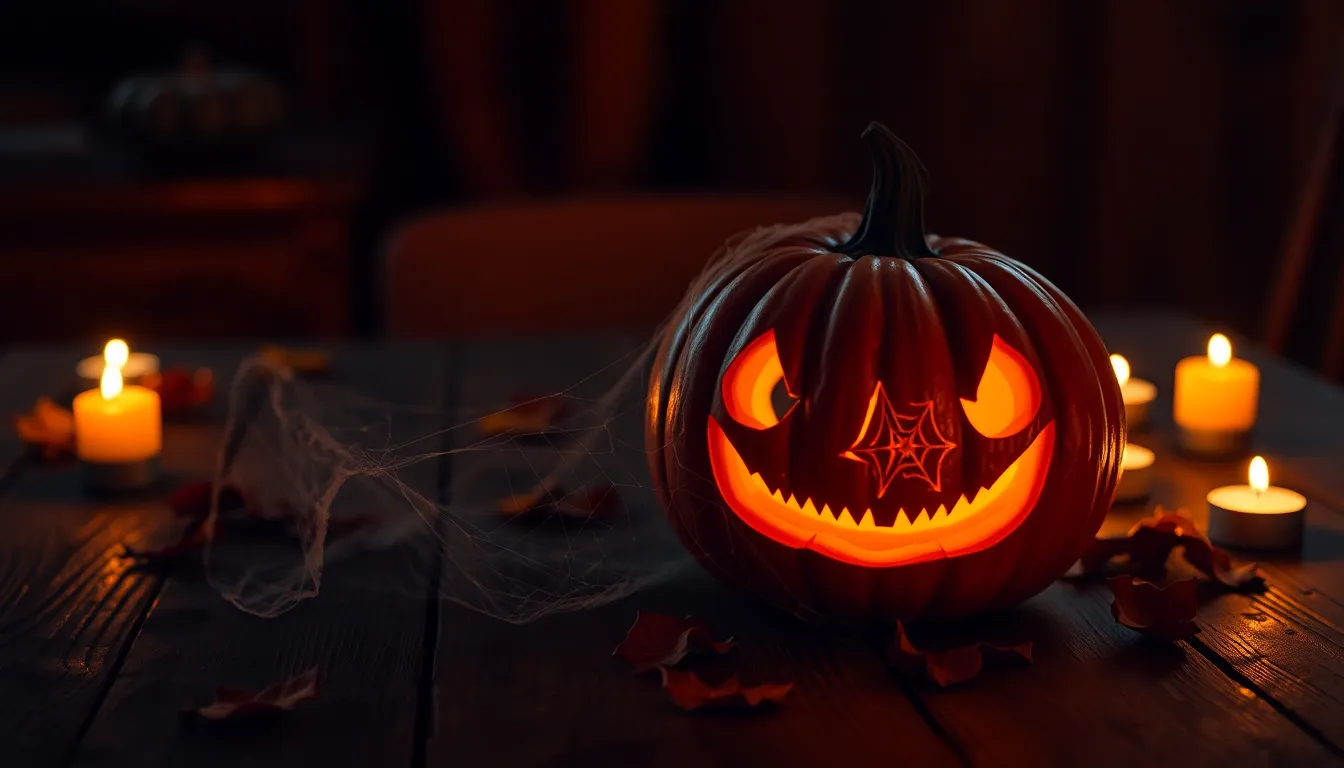 This atmospheric Halloween scene features a beautifully carved pumpkin illuminated by flickering candlelight. The warm glow casts playful shadows across an aged wooden table, creating an inviting yet eerie ambiance. Rich oranges and deep blacks dominate the color palette, emphasizing the seasonal theme. Cobwebs and scattered autumn leaves add texture and detail, making this image perfect for capturing the essence of Halloween festivities.