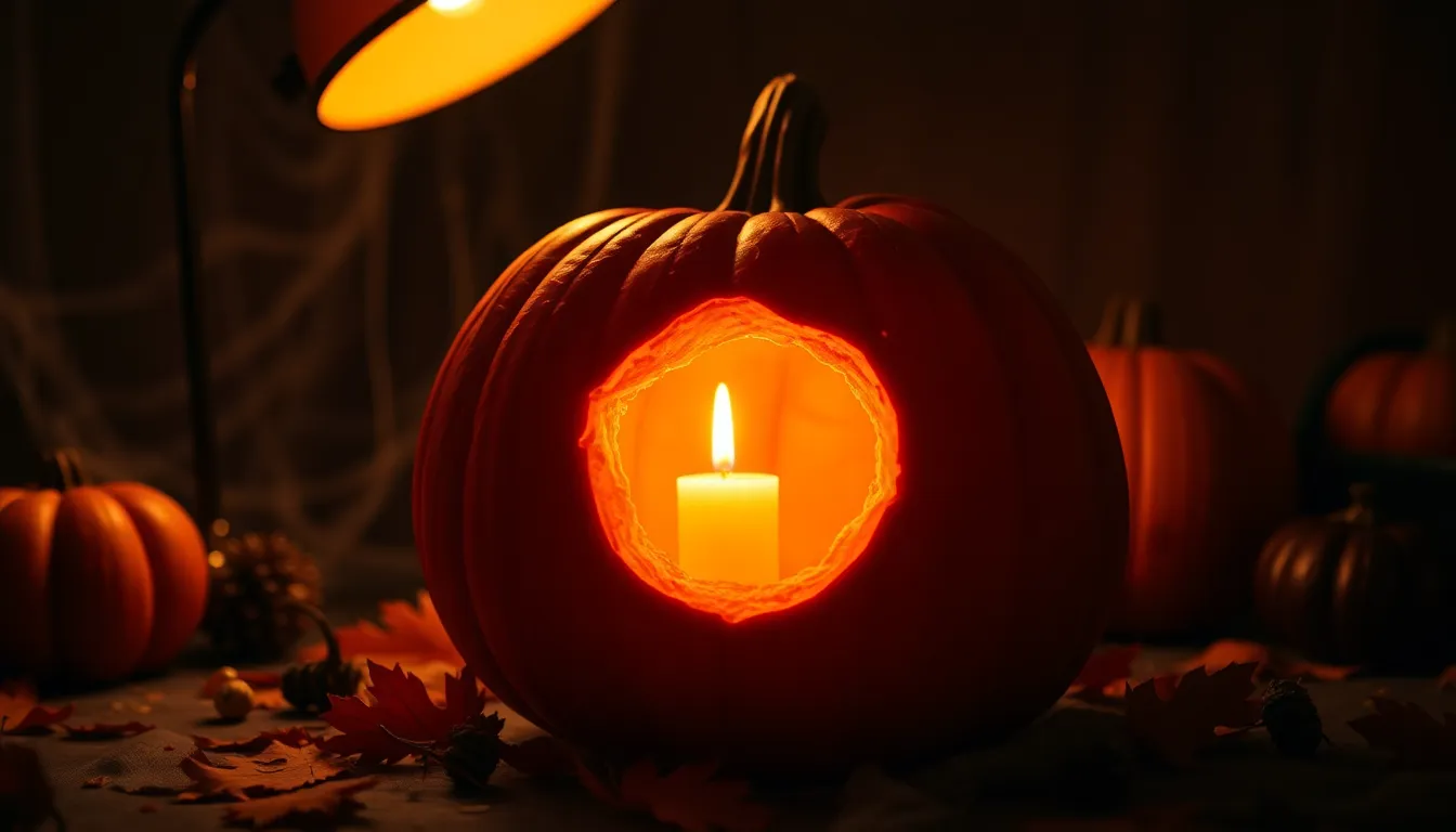 Spooky Carved Pumpkin with Candlelight