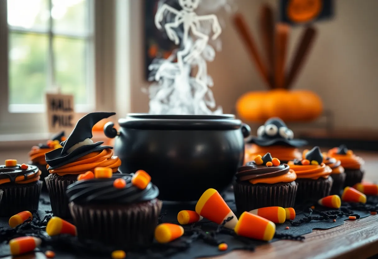 An enticing still life featuring a Halloween-themed dessert table overflowing with spooky cupcakes, colorful candy corn, and a bubbling cauldron. Natural sunlight illuminates the vibrant colors and textures of the treats, enhancing their appeal. Captured with shallow depth of field, the intricate details of the icing stand out against a creamy bokeh background. The vibrant color palette captures the festive spirit of Halloween, with careful composition guiding the viewer’s eye toward the cauldron.