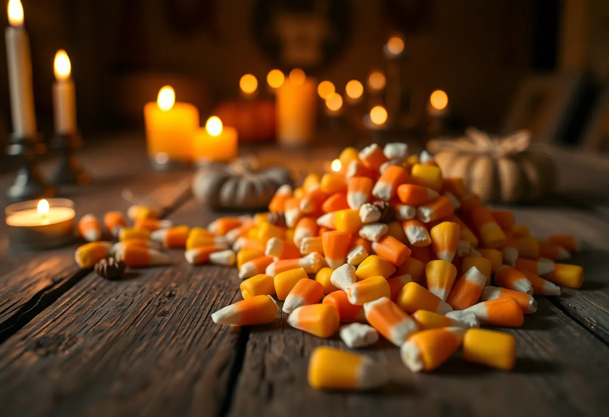 A colorful arrangement of Halloween candies, particularly vibrant candy corn, placed on a rustic wooden table. Warm candlelight casts a flickering glow, enhancing the rich colors of yellow, orange, and white, creating an inviting atmosphere. The shallow depth of field beautifully blurs the background while spotlighting the textures and details of the candies, perfect for a festive holiday mood.