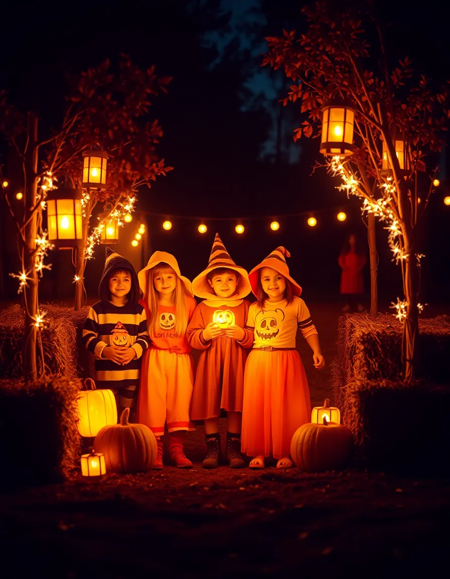 A joyful gathering of children dressed in various Halloween costumes, surrounded by glowing lanterns and hay bales. The warm firelight creates inviting shadows and highlights the rich autumn colors. Using the Kodak Portra 400 color palette enhances the warmth and vibrancy of the scene, capturing the playful spirit of Halloween festivities as the children laugh and pose, creating a heartwarming atmosphere.