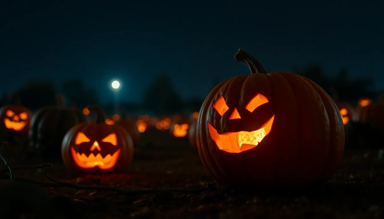 A photorealistic image capturing a dimly lit pumpkin patch illuminated by carved jack-o'-lanterns under a starry night sky. The warm glow casts enchanting shadows, enhancing the autumnal ambiance. With a shallow depth of field focusing on one intricately carved pumpkin, rich oranges and deep blues create a captivating Halloween mood. The leading lines of the vines guide the viewer's eye, while the textures of the pumpkins and earth add depth.
