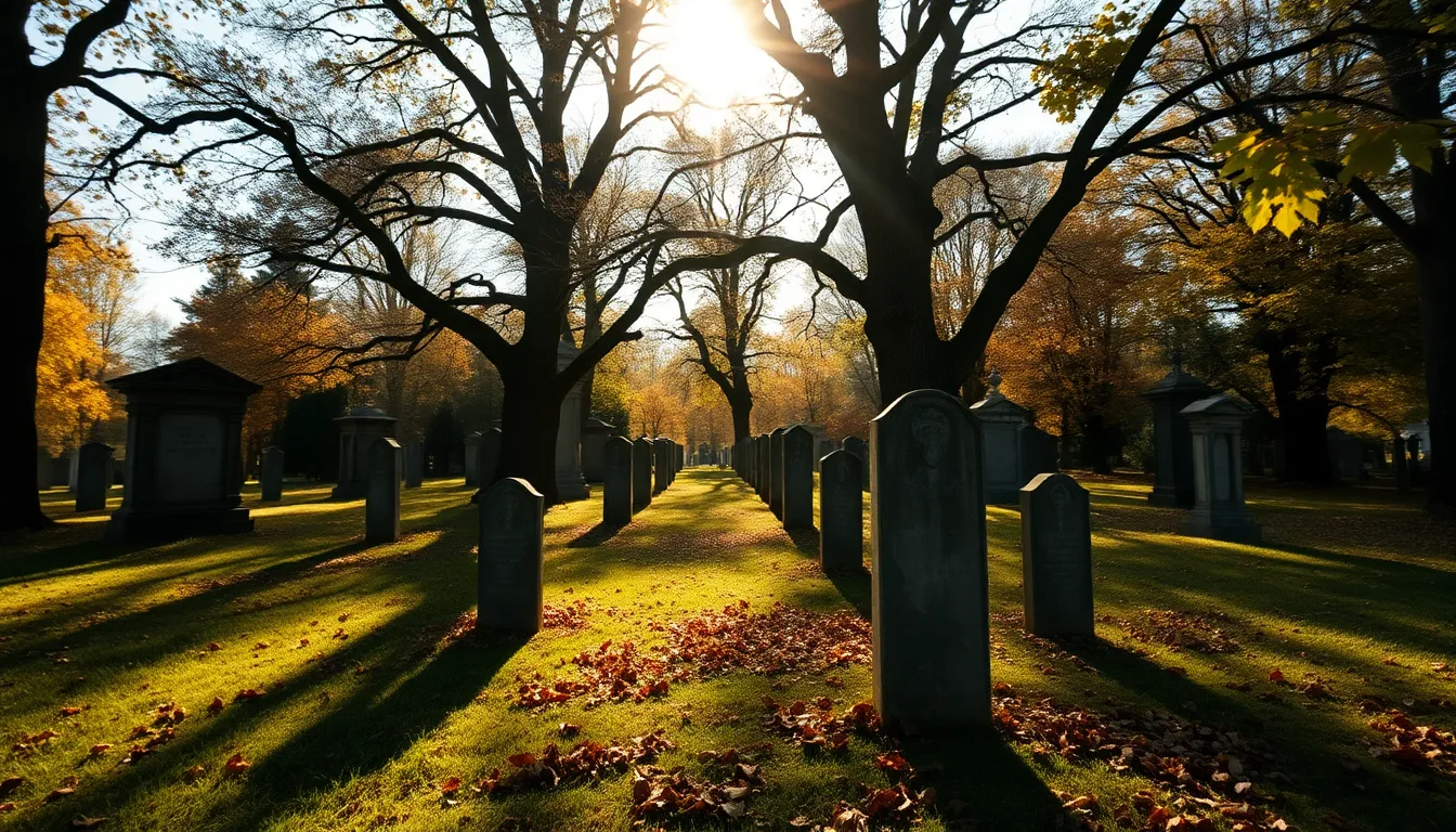 An atmospheric graveyard scene is captured beneath an arching tree canopy, where dappled sunlight creates a play of light and shadow. The image features old tombstones with age-worn inscriptions, surrounded by fallen autumn leaves that add a sense of decay. The natural muted tones evoke a somber mood, while the sharp focus highlights the textures of stone and bark. The centered composition underscores the haunting beauty of this Halloween setting.