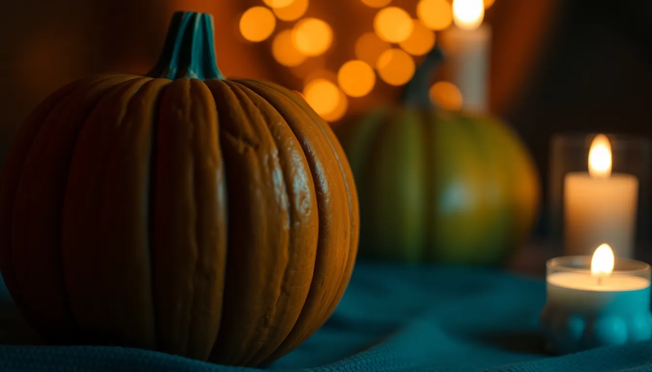 A beautifully carved pumpkin sits against a lush velvet backdrop, illuminated by the warm flicker of candlelight. The scene captures a moody Halloween atmosphere, with shadows dancing across the surface. The rich orange of the pumpkin contrasts against the deep hues of the background, evoking a sense of mystery and celebration. The composition's use of rule of thirds draws the viewer's eye to the intricate details of the pumpkin's design, inviting intrigue.