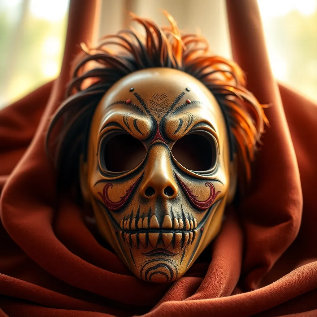 This striking close-up showcases a beautifully handcrafted Halloween mask against a soft velvet backdrop. Captured in natural diffused daylight, the lighting reveals intricate details and textures, emphasizing the skillful craftsmanship. The earthy tones and vibrant embellishments of the mask create a captivating contrast. With a shallow depth of field that blurs the background, this image draws the viewer's attention directly to the artistry and creativity behind the mask, making it a perfect fit for Halloween-themed content.