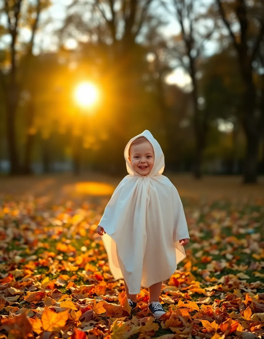 This enchanting image captures a child gleefully playing in a park, dressed in a playful ghost costume as the golden hour sun bathes the scene in warmth. The leaves on the ground create a colorful tapestry of autumn, while the child's laughter brings a sense of joy. The shallow depth of field allows the child to stand out against the dreamy background, embodying the magic of Halloween.