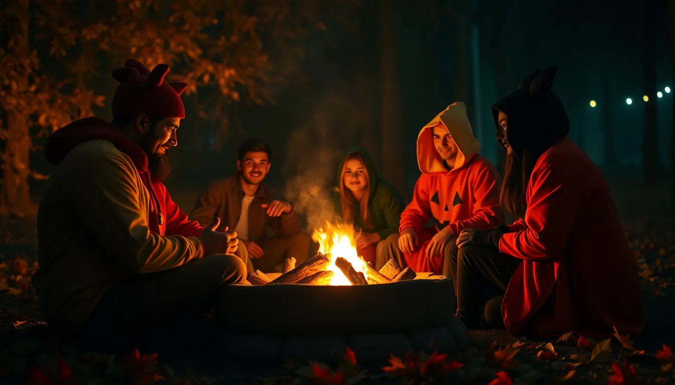 This lively image showcases a group of friends in colorful Halloween costumes gathered around a glowing campfire, creating a warm and inviting atmosphere. The flickering firelight casts playful shadows, while the teal and orange color palette highlights the contrast between the warm and cool elements of the scene. Arranged using the rule of thirds, this composition captures the camaraderie and festive spirit of Halloween night set against a backdrop of fallen leaves and a cozy glow.