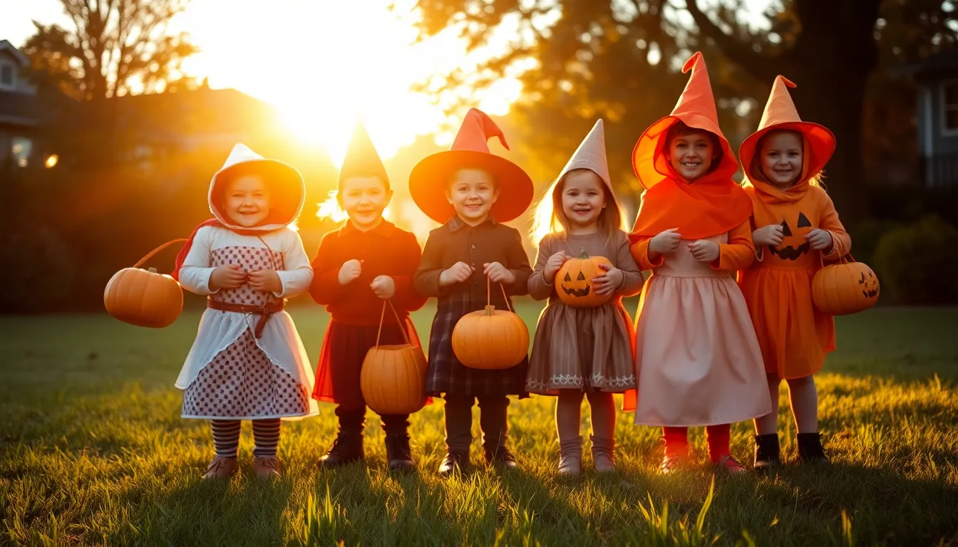 Children in Halloween Costumes at Sunset