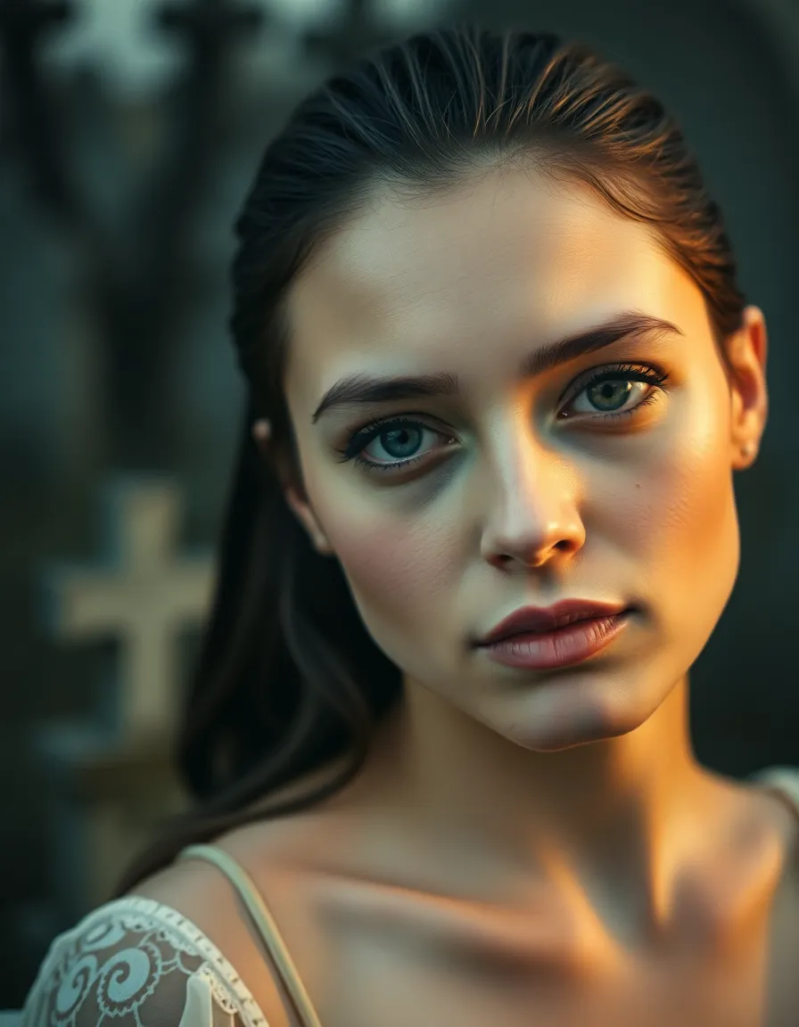 A captivating portrait of a mysterious witch standing in a foggy graveyard. The dim Rembrandt lighting highlights her expressive features, creating an air of intrigue. The warm skin tones contrast with the cool, muted colors of the mist, and the focus on her eyes draws viewers into her enigmatic presence. The graveyard backdrop, softly blurred, adds to the Halloween atmosphere.