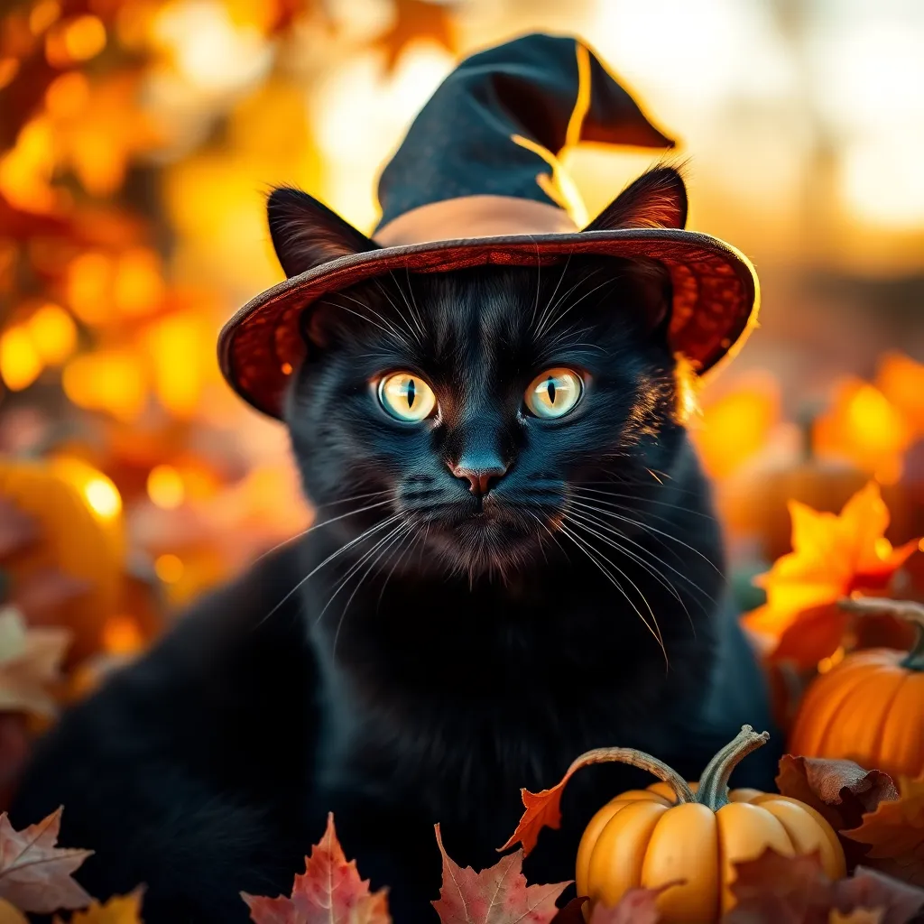 A captivating close-up of a black cat wearing a witch's hat, nestled among colorful autumn leaves and mini pumpkins. The warm afternoon sunlight beautifully highlights the rich textures of the fur and hat, creating a cozy Halloween vibe. With shallow depth of field, the cat's expressive eyes shine in sharp focus against a creamy bokeh background. The warm color palette, rich oranges, and yellows enhance the inviting atmosphere. Utilizing the rule of thirds, the cat's face is artistically positioned to engage viewers.