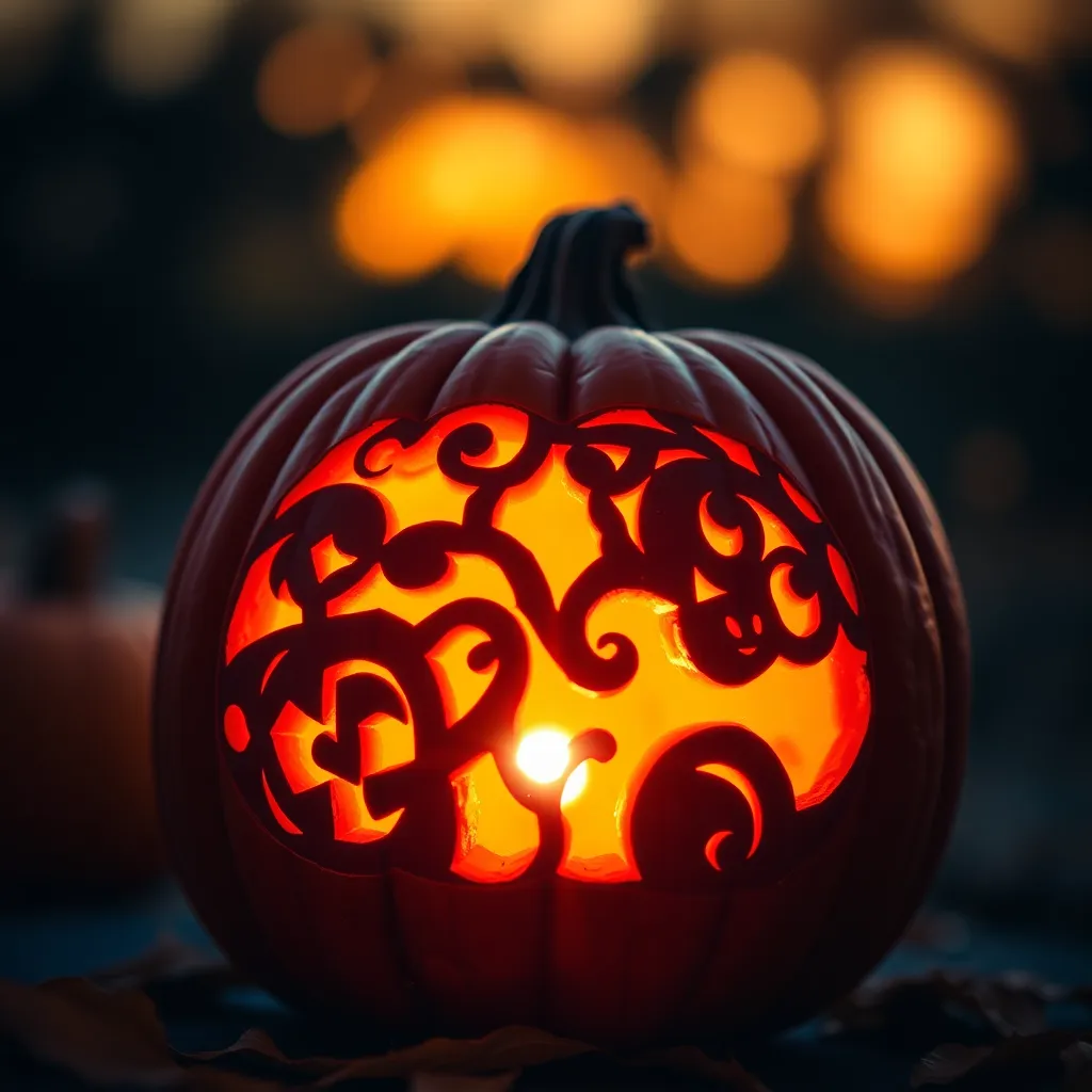 A stunning close-up of an intricately carved pumpkin, glowing warmly from within during the golden hour. The backlighting accentuates the detailed craftsmanship of the pumpkin's design, casting beautiful shadows and highlights. The warm tones of orange and yellow provide a vivid contrast against the darkening background, creating an inviting and festive ambiance. This image captures the essence of Halloween, showcasing the artistry involved in pumpkin carving.