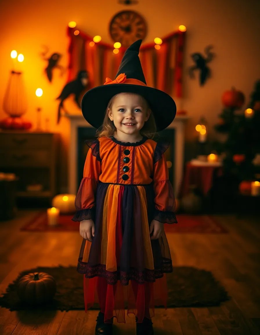 A young child beams with joy, dressed in a vibrant witch costume, illuminated by flickering candlelight. The warm glow creates an inviting yet spooky atmosphere in the dimly lit room filled with Halloween decorations. This enchanting scene captures the excitement of Halloween, showcasing colorful attire and rich textures. The use of selective focus highlights the child's expression, enhancing the charming spirit of the holiday.